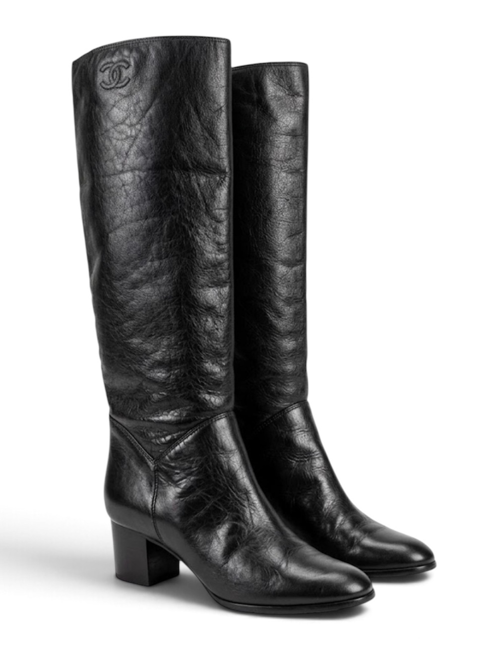 CHANEL Vintage Black Leather Stitched CC Logo Wool Lined Tall Knee High Boots